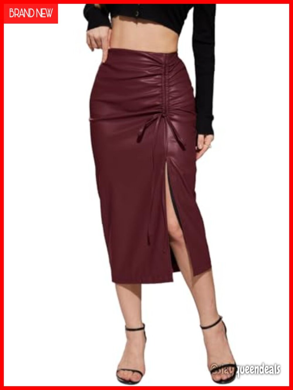 Faux Leather High Waisted Asymmetrical Side Slit Pencil Midi Skirt Bodycon